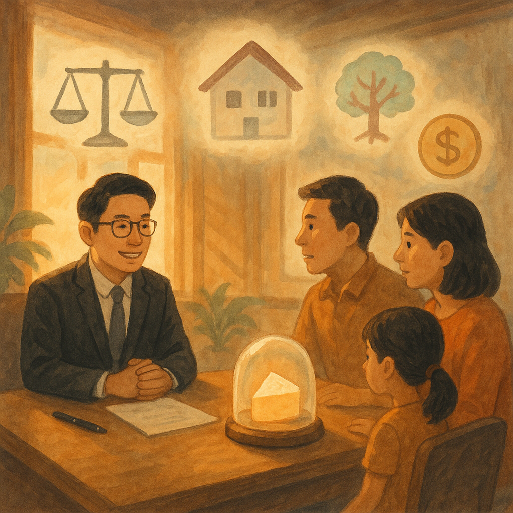 溫暖日光灑入木質事務所,台灣西裝律師與台灣家庭對談;桌上無字文件與筆。漂浮柔和淡彩手繪圖像:天秤、家屋、家族樹、硬幣,以及被玻璃罩守護的發光圓餅切片象徵特留分;細緻光影營造奇幻沉浸的諮詢與疑問氛圍。