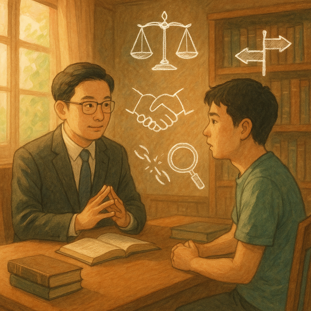 柔光灑入木質事務所內，一位台灣律師與台灣當事人面對面溝通；周遭漂浮手繪符號：天秤、握手、斷裂鎖鍊、放大鏡與岔路圖像，象徵幫助犯與常見疑義。自然色調與細膩筆觸營造吉卜力般溫暖奇幻感。