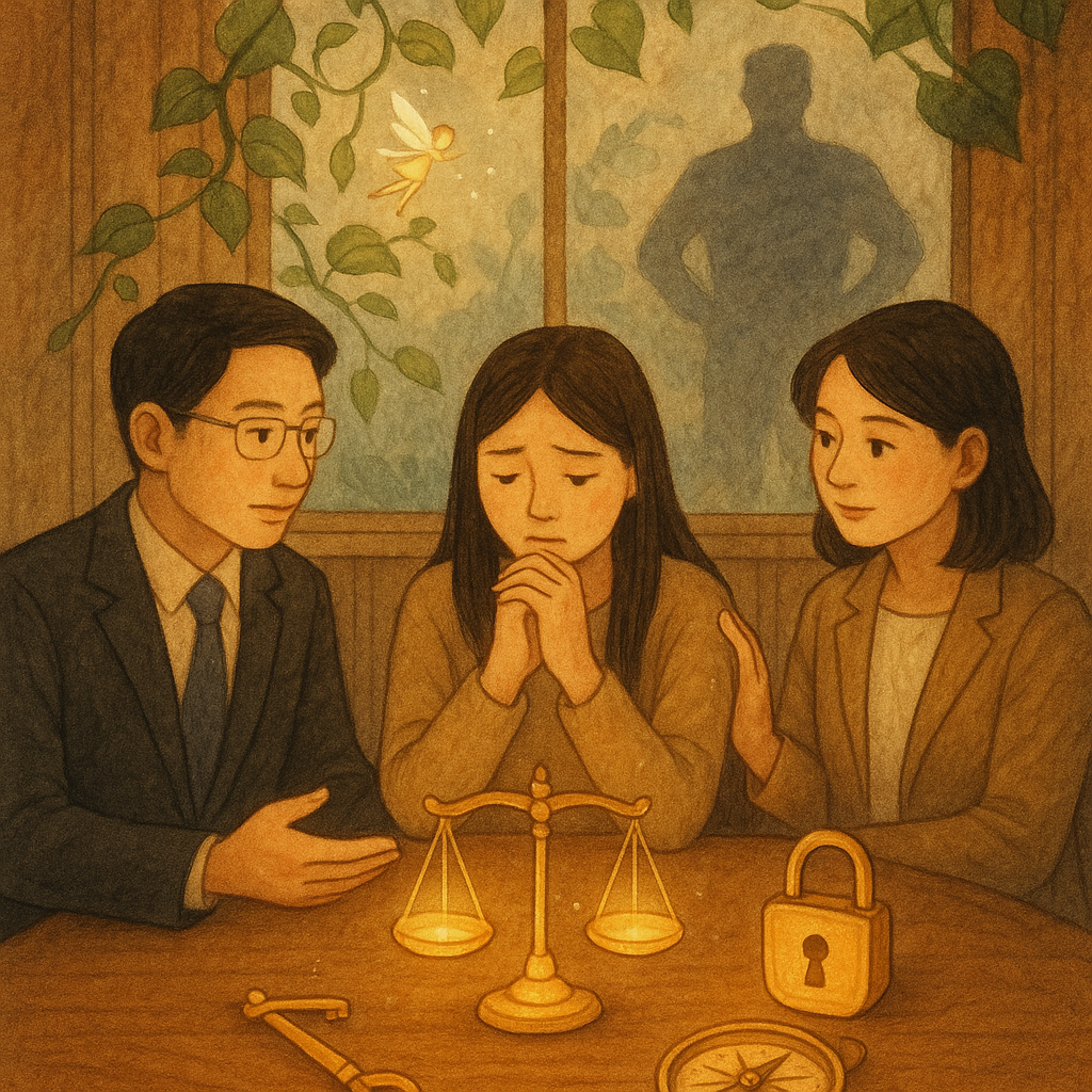 柔光下，兩位台灣專業人士在木質諮商室陪伴一名台灣女子，桌上發光的天秤、鎖與指南針象徵法律與下一步；窗外藤蔓與小精靈拂動，驅散玻璃後方朦朧的權勢陰影。手繪質感、溫暖奇幻、無文字。