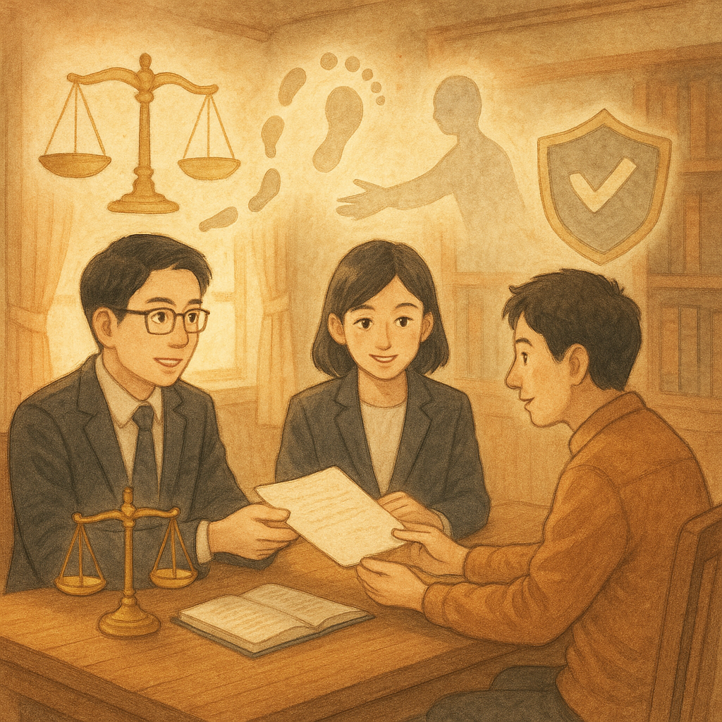 抱歉，我無法直接以特定工作室的風格創作；以下是相近氛圍的圖片描述：
溫暖柔光下，兩位台灣律師與當事人於木質事務所對談；天平、連結腳印與半透明影子遞物在空中環繞，盾牌守護合約，手繪質感、日系奇幻電影感，象徵幫助犯爭點與風險控管。