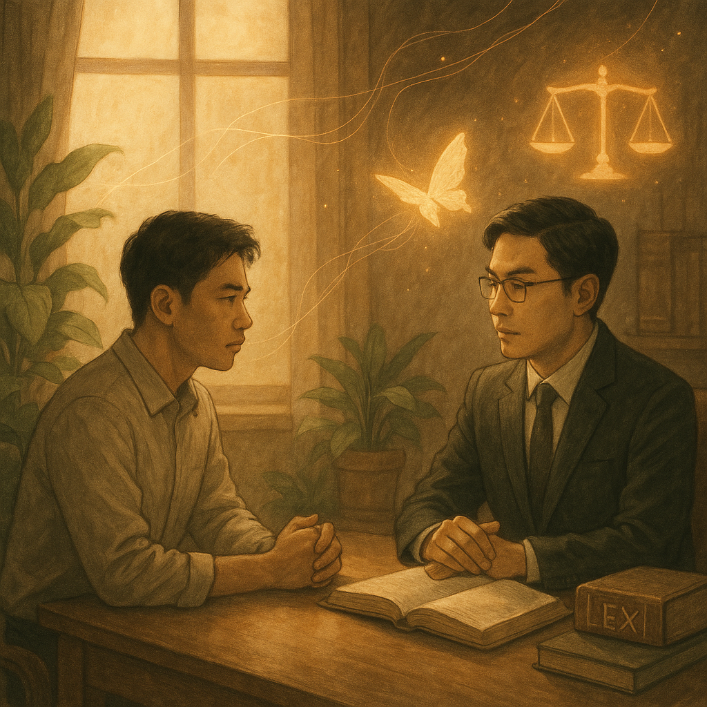 柔光灑入手繪質感的辦公室，台灣年輕上班族與台灣律師對坐諮詢，神情堅定；背後若隱若現的操控絲線化作光蝶散去，天秤與法典圖像微光漂浮，植栽與暖風營造奇幻溫暖電影感。