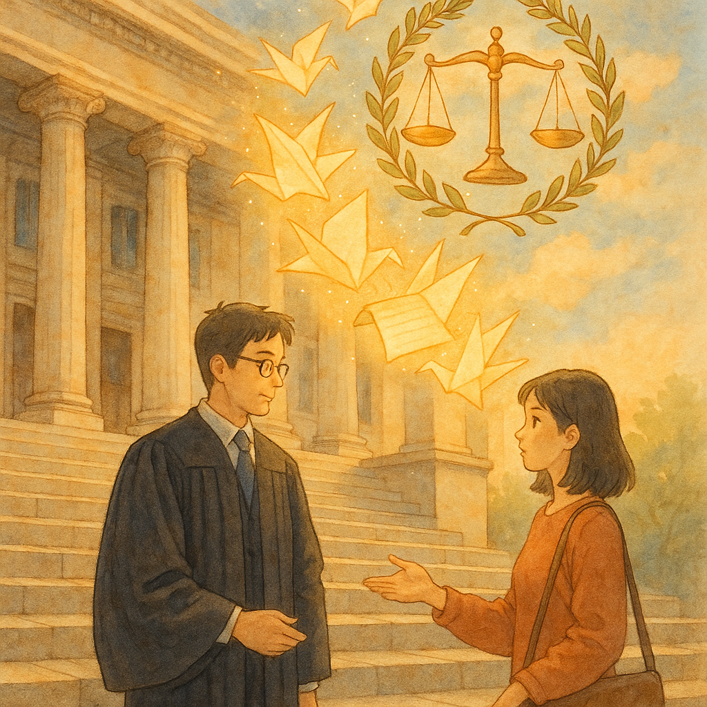 溫暖自然光與柔和色調中,台灣律師與當事人於階梯形法院前諮詢而立,發光的卷宗化作紙鶴向上飛,天平與月桂環繞,象徵上訴與最終結論,吉卜力風細膩手繪質感,平衡寫實與奇幻的鏡頭感,細節豐富,無文字。