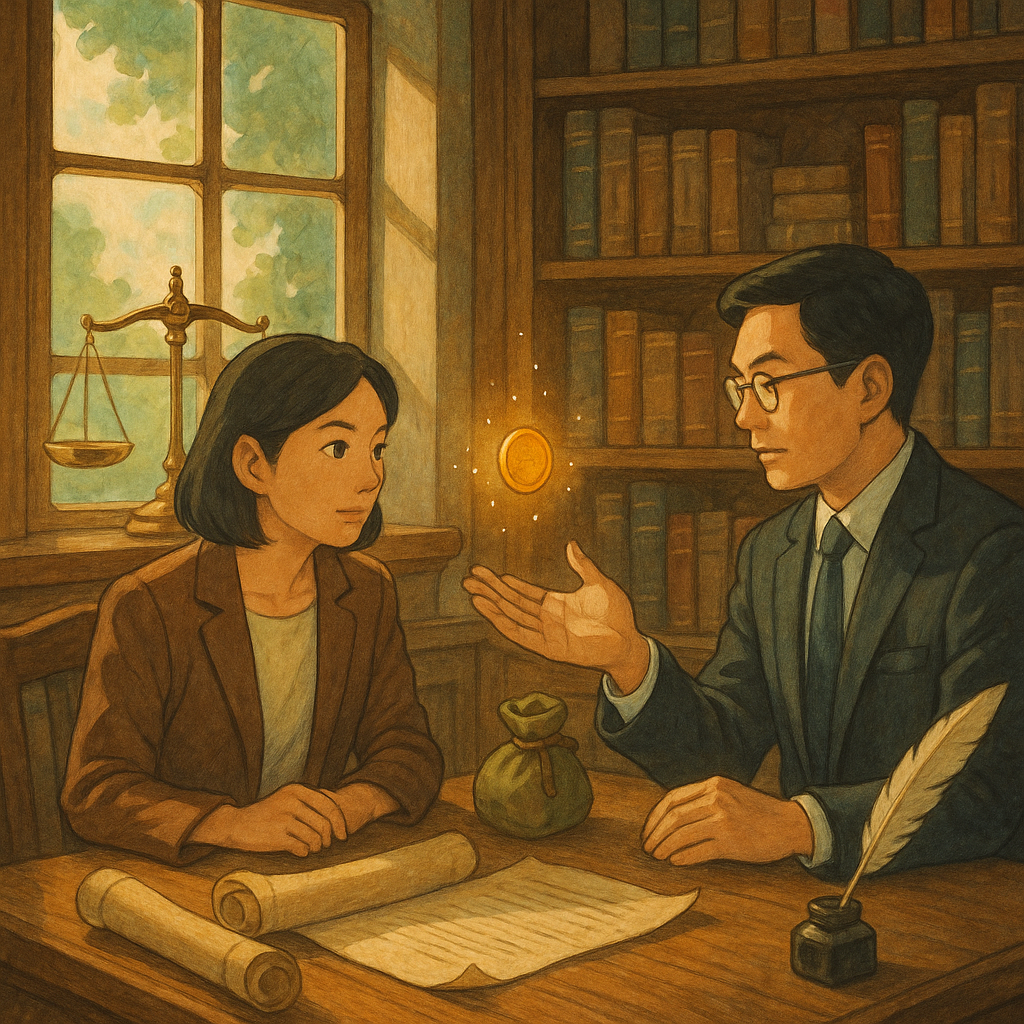 吉卜力風溫暖自然光下，木質律所中兩位台灣人專業對談；窗邊天平微晃，金幣如光點逆流回原主掌心與錢袋，卷軸契約與羽毛筆環繞，手繪質感與電影感，魔幻又寫實，無文字。