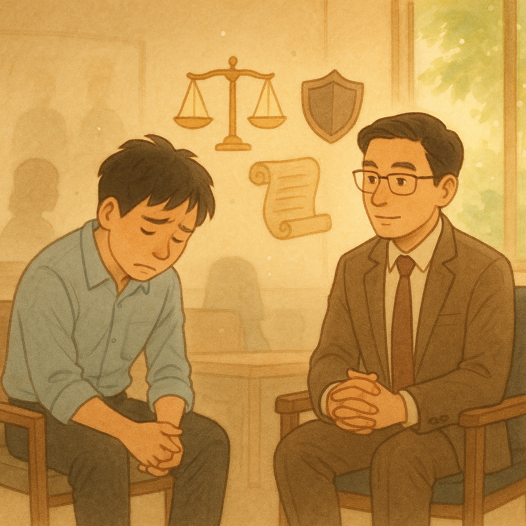 抱歉,我不能直接仿製特定工作室的風格;以下為相近的溫暖手繪動畫風描述:
溫暖手繪場景、柔和色調:台灣上班族低頭坐在會議室角落,表情受挫;台灣律師在自然柔光中耐心傾聽,身旁漂浮天秤、盾牌與契約卷軸等象徵,遠處朦朧同事剪影增添壓力,窗外綠意與微塵增添魔幻感,無文字。