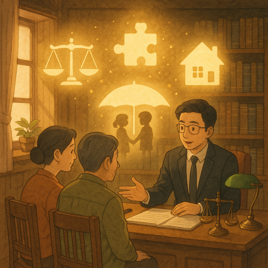 吉卜力風格溫暖場景：木質律所內，台灣律師與父母諮商監護權；柔光下天平、拼圖與家屋圖示化作漂浮光影，兩名孩童剪影被守護傘庇護，手繪質地細膩，無文字。