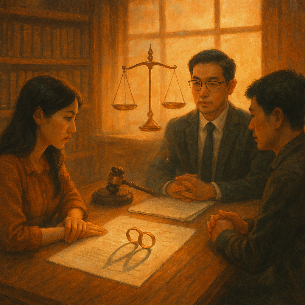 暖色夕光灑進木質事務所,台灣律師與一對台灣當事人沉靜對談。桌上文件、法槌與微光天秤漂浮,婚戒投下分岔影子,象徵婚外情訴訟結論。柔和色調與手繪紋理,帶些魔幻、電影感氛圍,無文字。