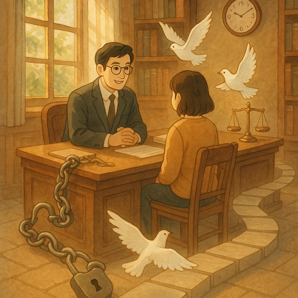 吉卜力風溫暖場景，柔和色調與手繪質感：台灣律師與當事人在木質書房諮詢，窗光灑落。解鎖的鎖鏈化作白鴿飛起，天平與文件、時鐘、石階延伸成流程之路，寓意妨害自由之要件與規範，無文字。
