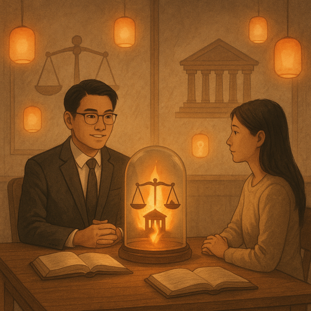 柔和自然光下，台灣律師與當事人在木質、手繪質感事務所對坐，表情專業溫和。玻璃罩中跳動的小火焰化作天秤與法院剪影，象徵縱火罪法理。周遭漂浮溫暖小燈籠，若隱若現象徵常見疑問與解答，無文字。