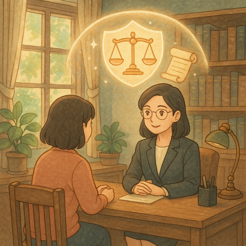 吉卜力風格的溫暖事務所內，一位台灣女律師與當事人溫柔對談；窗外自然光灑入，手繪質感柔和。半透明發光盾牌、天秤與卷軸化作保護光罩在兩人上方，象徵保護令與法律諮詢；無文字。