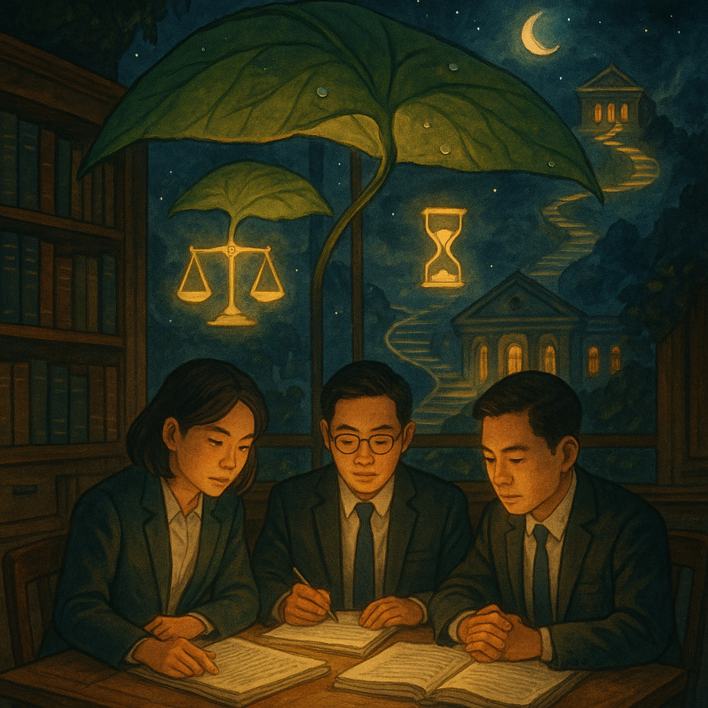 吉卜力風格溫暖場景：夜色下木質事務所，兩位台灣律師與當事人圍桌研讀卷宗，神情專注，頭頂葉傘護盾環繞；象徵再審的發光天平、沙漏與迴旋階梯化作光影，指向遠處浮現的法院。柔和自然光、手繪質感，無文字。