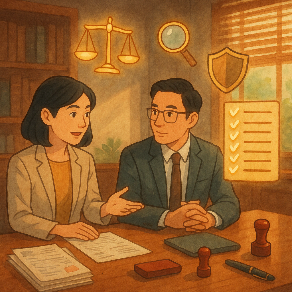 抱歉，我無法直接以特定工作室的風格創作；以下為相近的手繪動畫電影感描述：
溫暖日光下的木質事務所內，兩位臺灣專業人士對談；桌上票據、印章與鋼筆交錯。空中漂浮天秤、放大鏡、盾牌與十個發光勾選點的清單圖示，寓意爭點、風險控管與關鍵細節。柔和手繪、奇幻電影感，無文字。