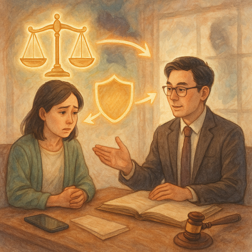 溫柔色彩與自然光下，台灣人律師與當事人在溫暖事務所對談；桌上散放無字的證據手機、卷宗與法槌，發光的天秤與護盾圖像環繞，窗外朦朧陰影象徵恐嚇；手繪質感、奇幻感，柔光箭頭串連圖示象徵流程與準備，無文字。