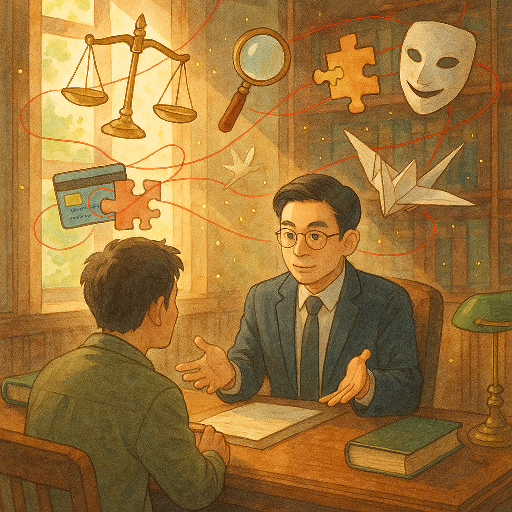 日光灑入木質事務所,台灣律師與當事人對談;周圍漂浮天秤、放大鏡、拼圖與信用卡、面具與紅線交織,化作紙鶴與光粒,象徵詐欺爭點與風險控管;柔和色調、吉卜力式手繪質感,無文字。