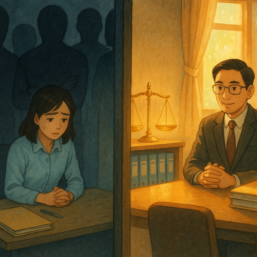 抱歉,我無法直接以特定工作室的標誌性風格創作,但可提供相近的溫暖、奇幻手繪動畫感描述。
手繪動畫感場景:左側灰藍辦公室裡,台灣上班族女子被陰影人群壓迫;右側暖光會議室,台灣律師與她對坐,天秤與檔案夾化作柔光守護。自然光灑落、微塵飛舞,細膩筆觸營造奇幻寫實質感,無文字。