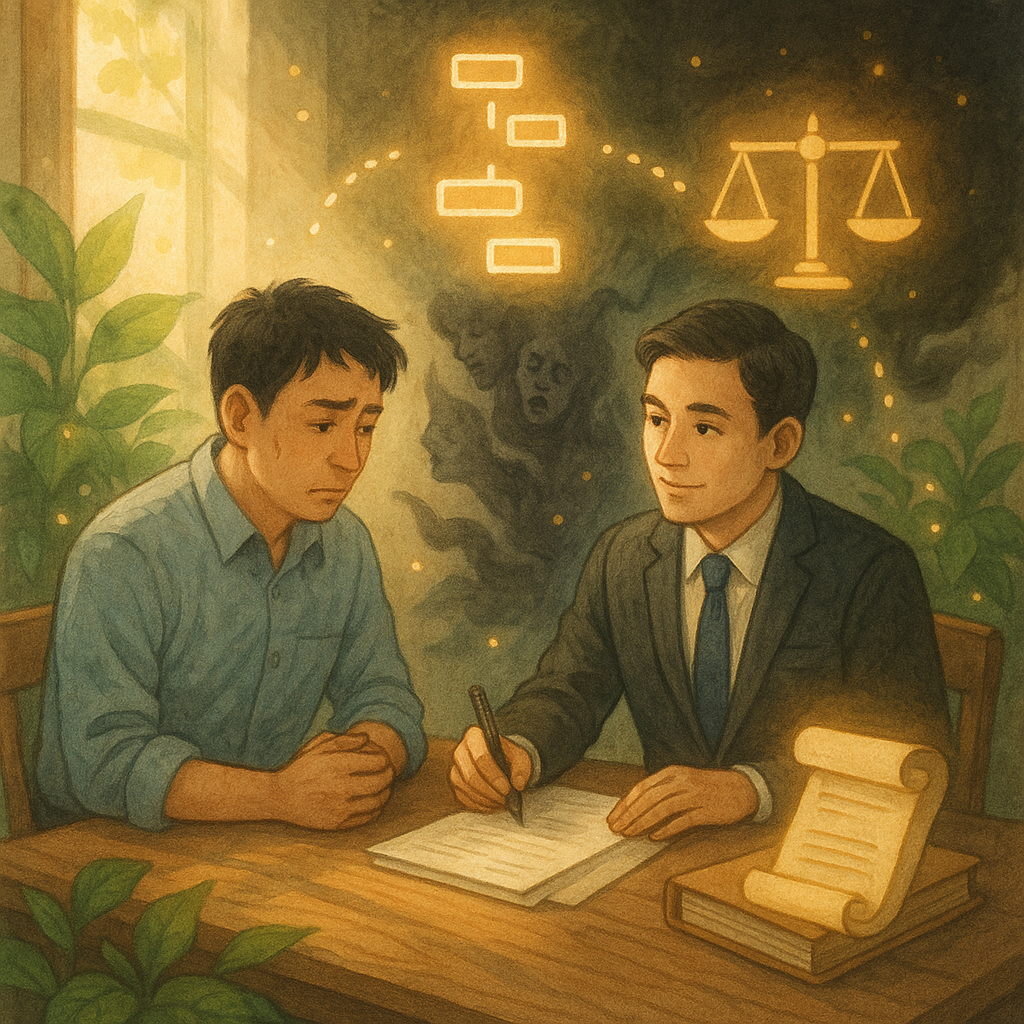 柔和自然光下的手繪奇幻場景：台灣上班族與律師在木質桌前諮詢，周圍漂浮象徵流程的發光步驟、天平與卷宗；陰影化為低語壓力，被植栽與光點守護，呼應職場精神虐待的流程與爭點，畫面無文字。