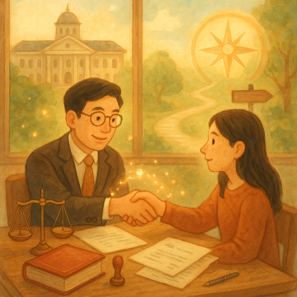 抱歉，我不能直接套用特定在世創作者或工作室的風格；以下為相似氛圍的描述：
溫暖自然光下，台灣人律師與民眾在木桌諮詢，桌上天平、法典、印章與申訴文件交織，遠處化作柔焦的政府大樓、指引路徑與發光羅盤，兩人握手，精靈般光點環繞，手繪質感、柔色、童話感電影式構圖，無文字。
