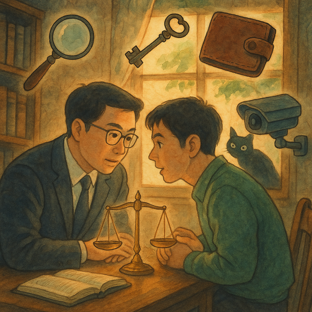 溫柔光線灑入木質事務所，台灣人律師與當事人低語諮詢，天平微光懸浮；窗口外幽影如竊賊化作黑貓，放大鏡、鑰匙、錢包與監視器圖像在空中環繞，吉卜力風手繪質感。