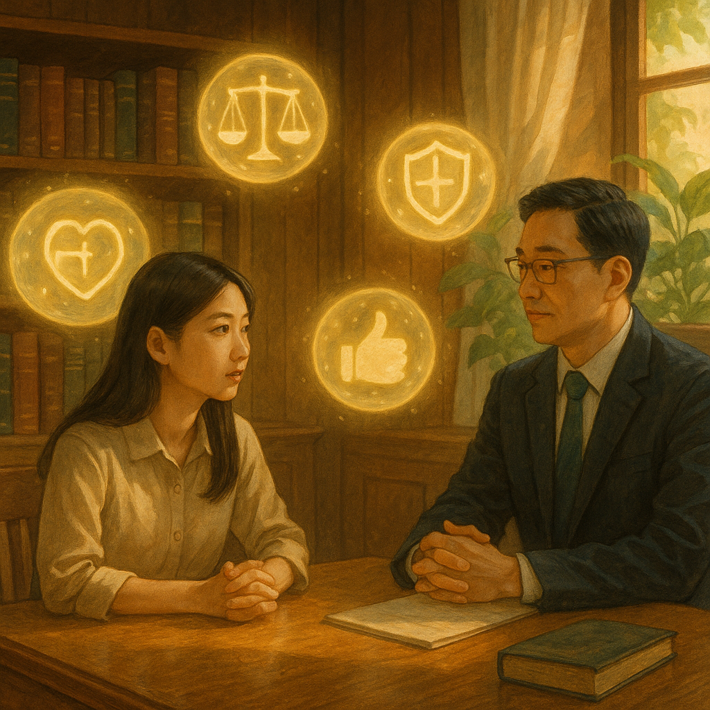 柔和自然光下的溫暖律所，兩位台灣人—年輕女子與專業律師—沉靜對談。周圍漂浮手繪光球，映出天秤、盾牌、心形鎖與同意手勢等象徵，化作守護光罩；高精細木質紋理與植物微風呈現吉卜力式魔幻氛圍，無文字。