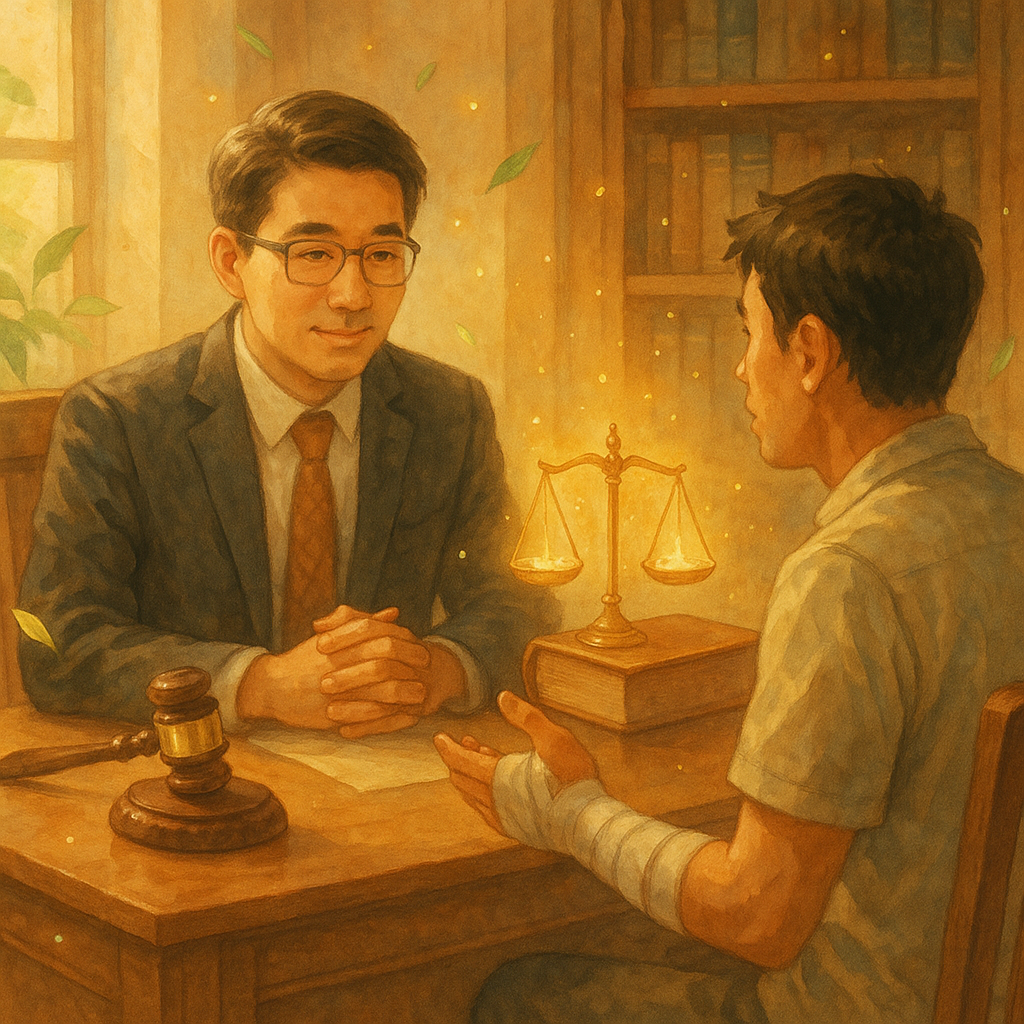抱歉，我無法直接使用特定工作室的風格；以下提供相近氛圍的描述：
溫暖柔色的高解析手繪場景：台灣律師與民眾於木質律所洽談，律師溫和傾聽，民眾手纏繃帶；天平、法槌與法典（無文字）散發自然光暈，綠葉與光粒飄浮，寫實中帶奇幻，象徵傷害罪結論與修復。