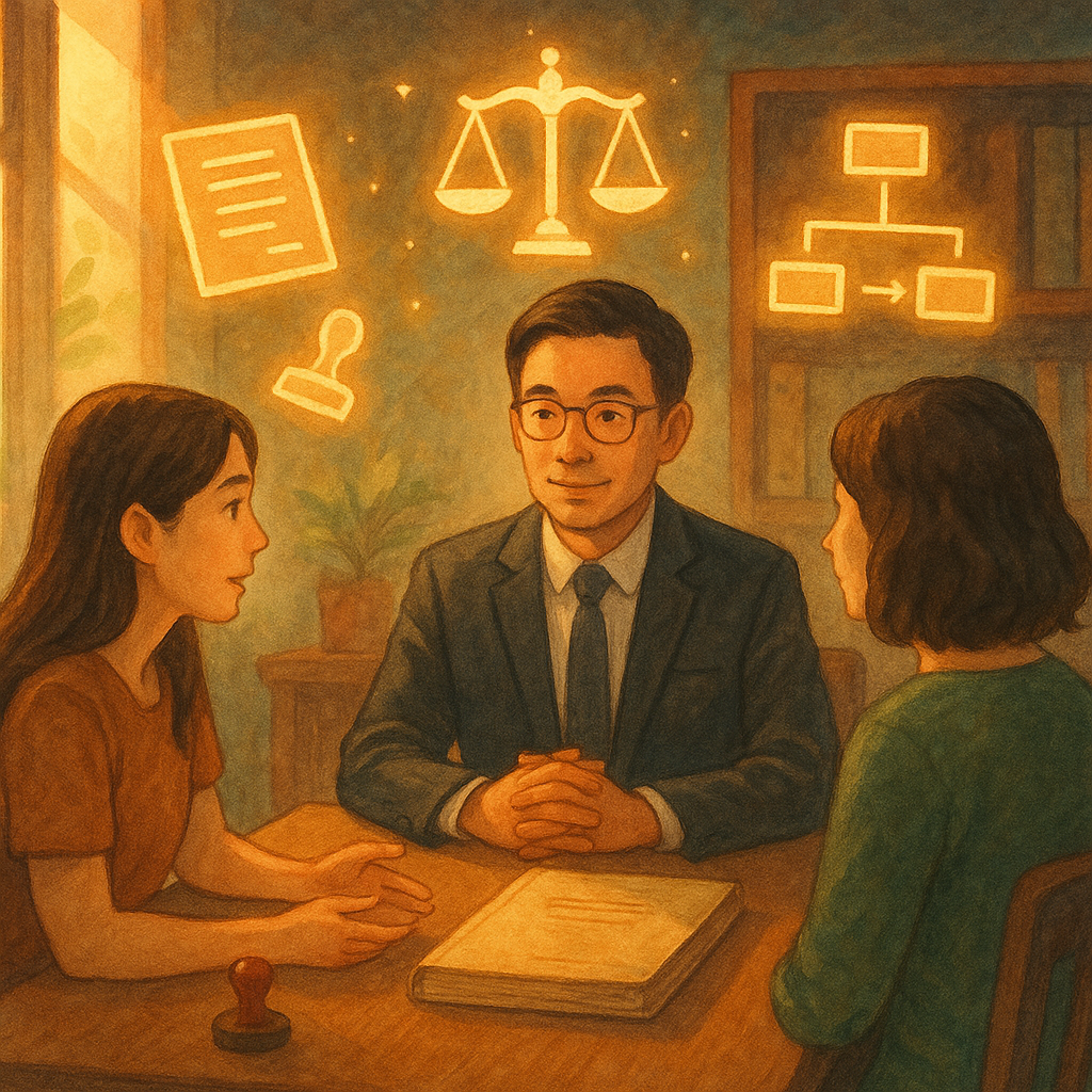 溫暖自然光下,台灣人律師、當事人與第三者圍桌諮詢;手繪質感的卷宗、印章、天秤與流程圖標化作漂浮光影,柔和色調與奇幻電影感營造沈浸氛圍,畫面無文字。