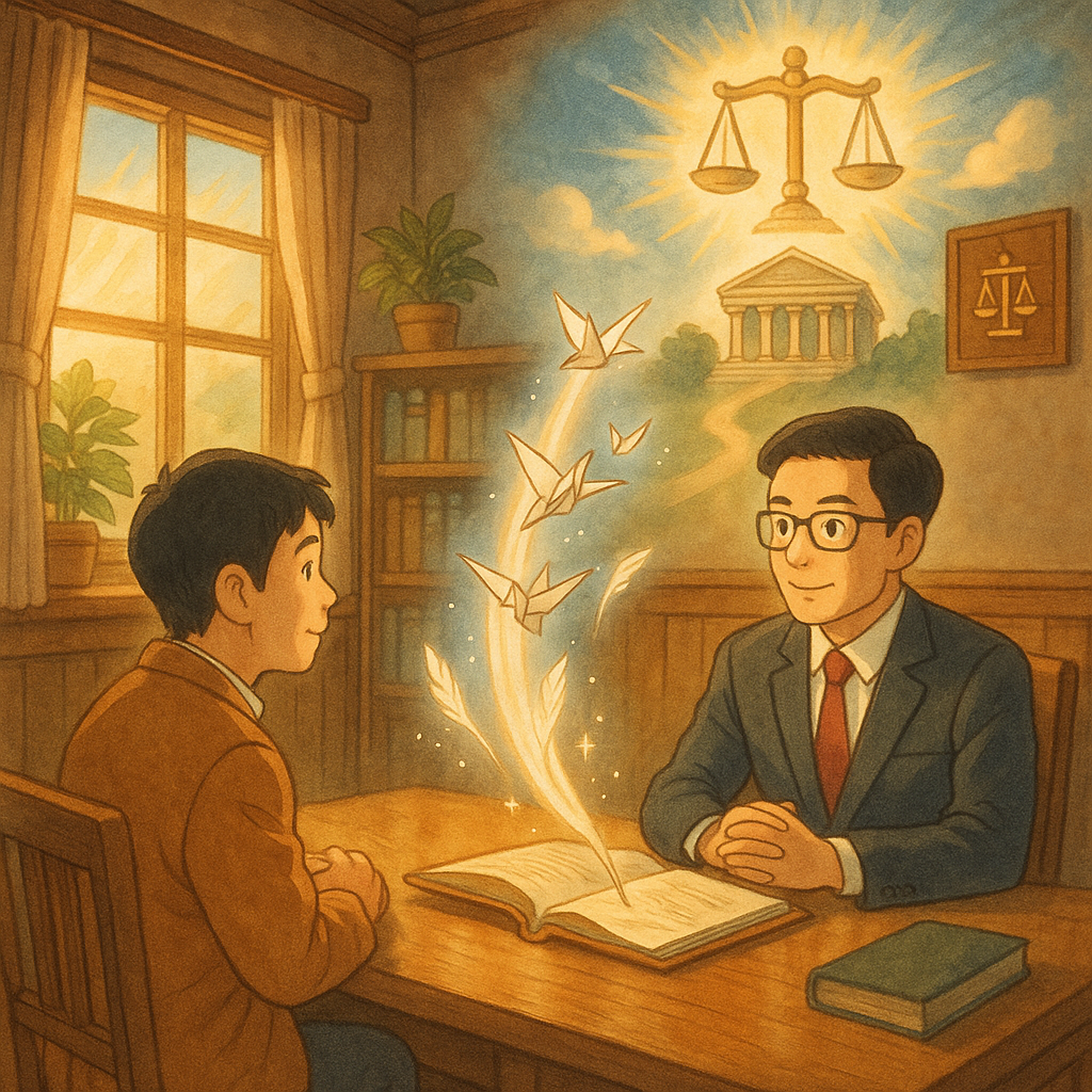 吉卜力風溫暖場景:台灣律師穿著西裝與當事人於木質事務所對坐,柔光灑落。桌上卷宗化作紙鶴與光羽向上飛,通往遠處發光的法院與天平,象徵抗告與希望。手繪質感、無文字。