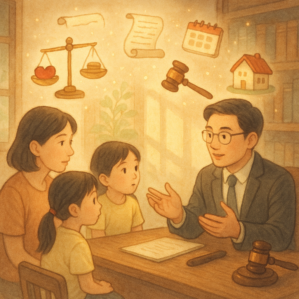 溫暖自然光下的木質事務所裡，台灣律師溫和、表情細膩地諮詢一對台灣父母與孩子；天平上心與硬幣微妙平衡，合同卷軸、日曆、法槌與小房屋化作漂浮光點環繞。柔色手繪、電影感與童話感交融，細節豐富且無文字。