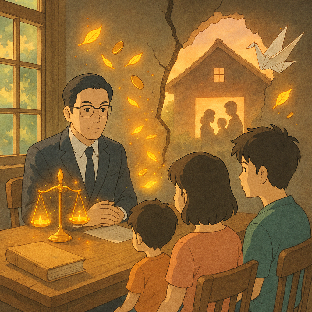 吉卜力風溫柔自然光影下,台灣律師在木桌前諮詢,台灣一家三口隔著裂縫的家屋剪影相望,天平與硬幣化作發光落葉環繞,卷宗化作紙鶴緩飄,象徵家庭破裂與賠償,手繪質感無文字。