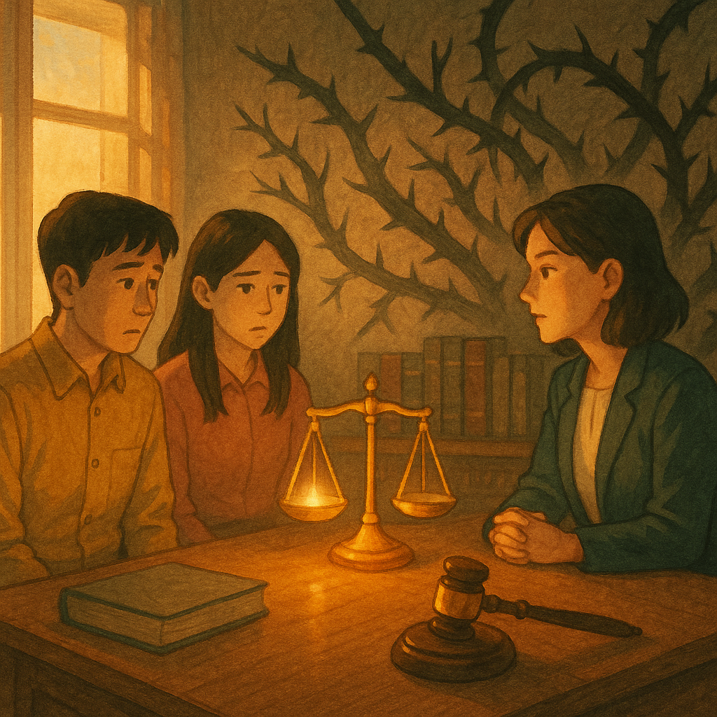 抱歉，我不能直接模仿特定工作室的風格，但可以提供相似溫暖手繪動畫感的描述。
溫暖自然光的手繪奇幻場景，具電影感：兩位台灣上班族向台灣律師諮詢，桌上天平與法槌發光；背後陰影低語化作荊棘纏繞，呈現職場精神虐待。畫面無文字。