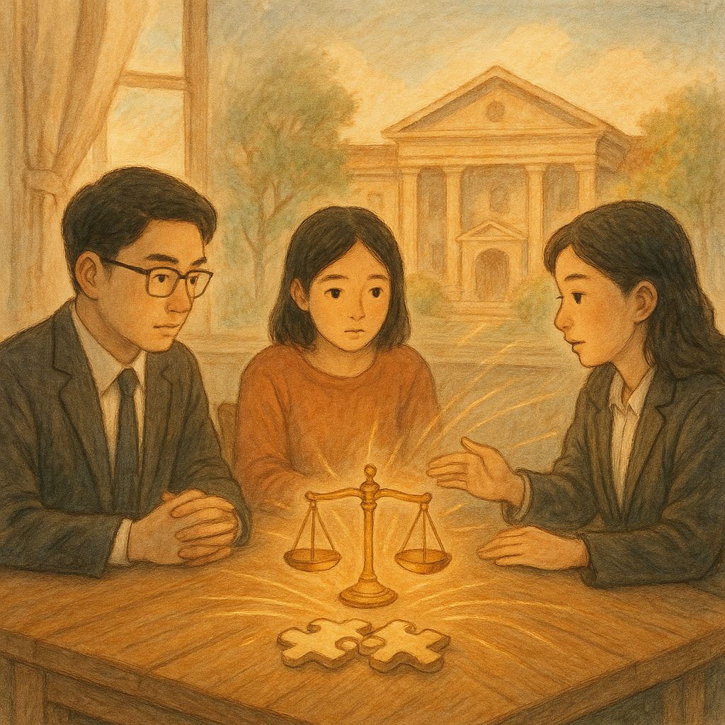 柔和自然光下、柔軟色調，兩位台灣律師與當事人圍坐木桌，表情專注；桌上浮現微光天秤、相扣拼圖與交織光線，連結至遠處溫暖的法院場景。手繪質感、吉卜力氛圍，展現共同正犯之協同行為與責任分擔。畫面無文字。