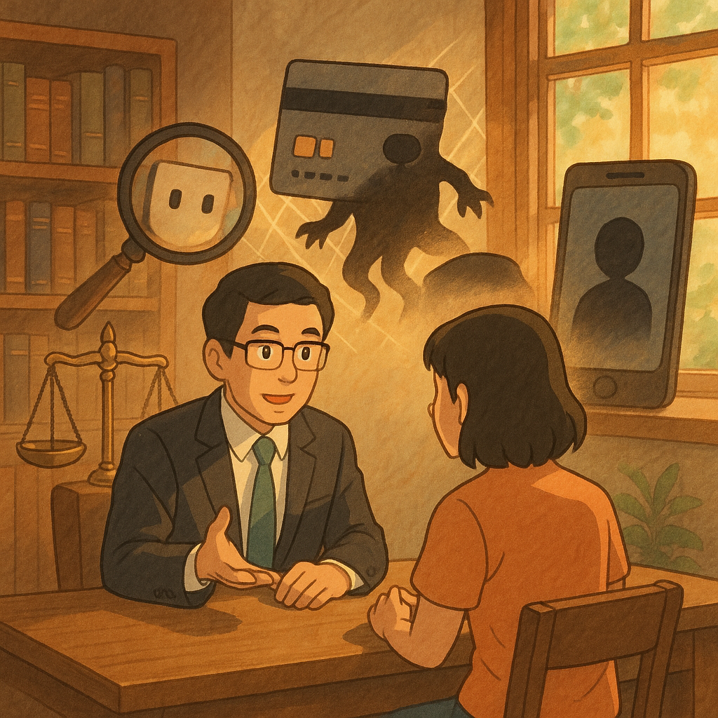 吉卜力風格暖色場景：台灣律師與民眾在木質事務所諮詢，陽光灑入、柔色自然光與手繪質感；天平與放大鏡環繞，銀行卡化作面具與黑影被光網捕捉，手機上隱匿輪廓象徵人頭帳戶，無文字。