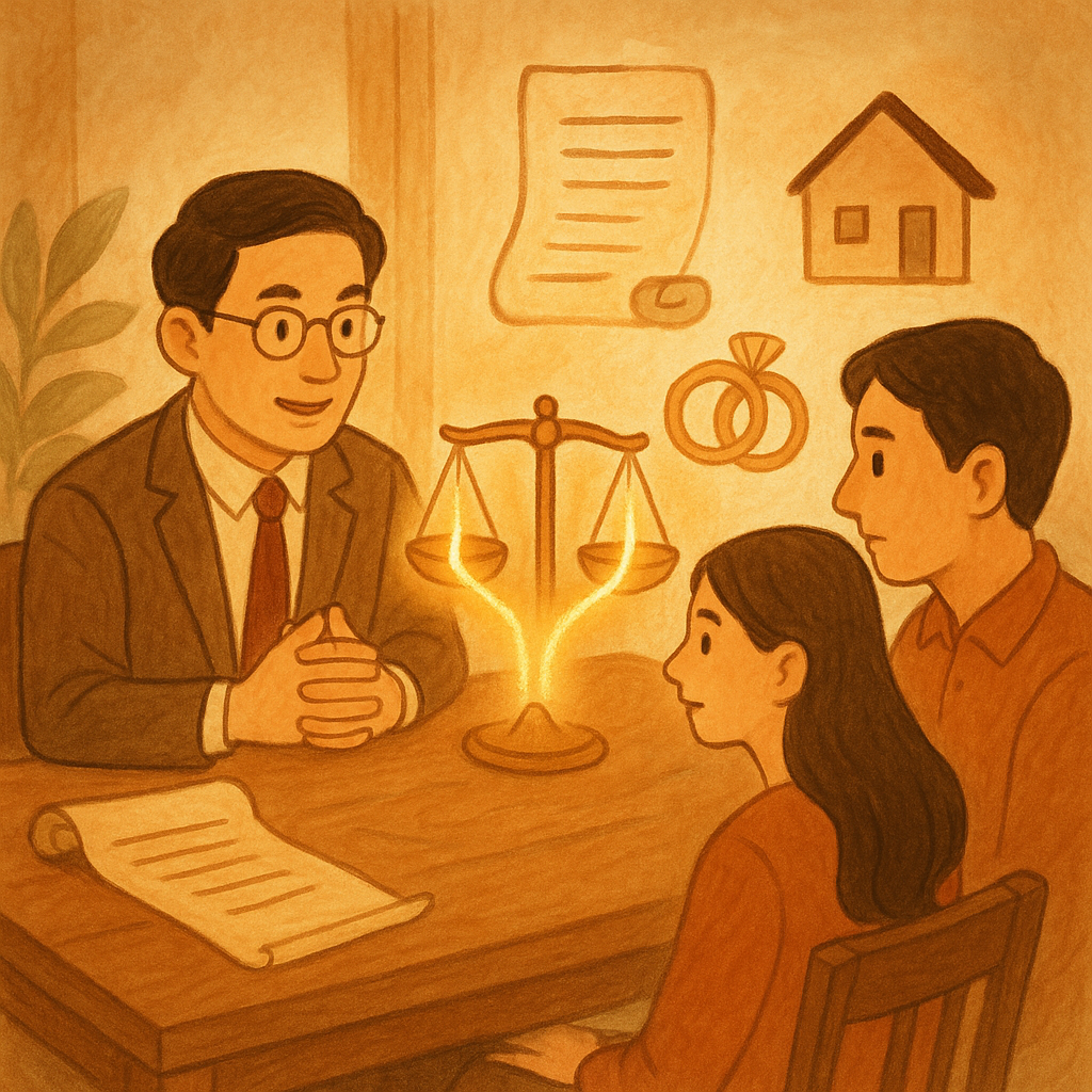 抱歉,我無法直接以特定工作室的風格創作;以下提供相近的溫暖、手繪、電影感風格描述:
溫暖手繪風電影感場景:台灣人律師與一對夫妻在木桌前諮詢,金色硬幣化作兩股光流在天平上均分,合同卷軸與房屋、戒指圖像環繞,柔和色調與自然光、無文字。