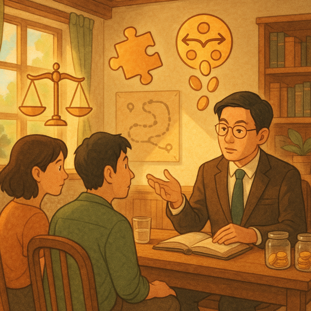 抱歉，我不能直接以特定工作室的風格創作，但可提供相近氛圍的描述：
溫暖魔幻的手繪動畫風：自然光灑入木質事務所，表情細膩的台灣律師與一對當事人諮詢；空中漂浮天平、拼圖與分流的金幣落入兩罐象徵剩餘財產分配，旁有行動路線圖指引，畫面無文字。