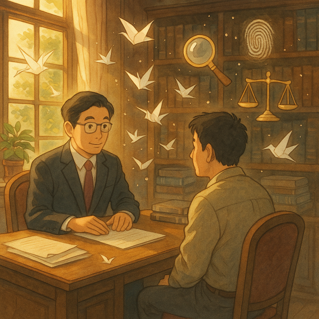 陽光灑入木質書房，台灣律師與客戶對坐；文件化作紙鶴與光粒飛舞，放大鏡、天秤與指紋印記在空中浮現，象徵偽造文書風險與審慎控管；以吉卜力式柔和自然光與手繪質感，畫面無文字。