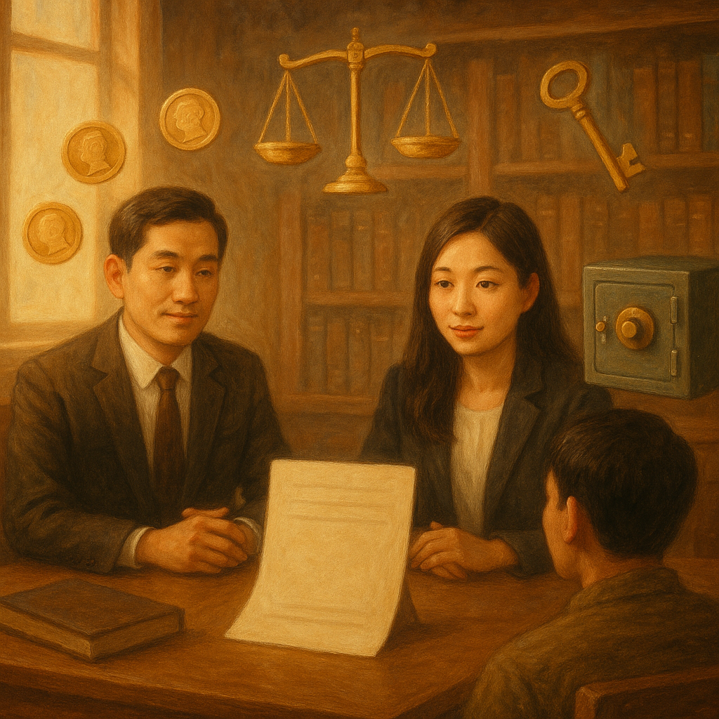 高解析度、溫暖奇幻的手繪電影感場景:木質律所裡,兩位台灣人律師與民眾諮詢。柔光中,天平、鑰匙、保險箱與硬幣化作漂浮圖像,圍繞無字卷宗,象徵侵占罪與常見問題。自然色調、細膩筆觸、無文字。