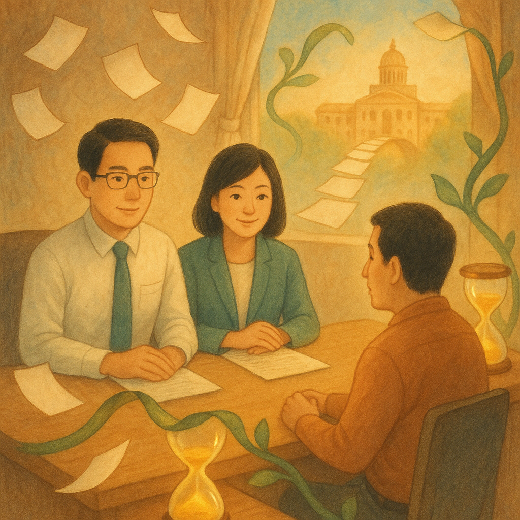 溫柔奇幻的手繪辦公室裡,一對台灣專業顧問與民眾在木桌前諮商訴願;窗光柔暖。旁有無數字的日曆紙輕飄、發光沙漏、延展成藤的絲帶象徵延長,紙張搭成小橋象徵補救,通向遠處溫暖的政府大樓,畫面魔幻而沉浸。