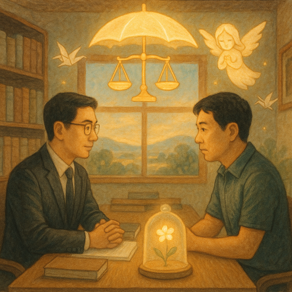 溫暖木質事務所裡，兩位台灣成人（律師與當事人）對坐諮詢；柔光灑落，手繪質感。頭頂漂浮發光的傘與天秤、守護精靈與紙鶴環繞，窗外遠景如夢。象徵保護性自主的光罩花朵微亮，寓意結論與希望。