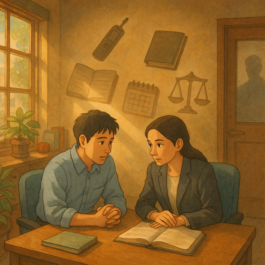 吉卜力風柔光辦公室內,台灣員工與台灣律師低語相談;空中漂浮錄音筆、筆記本、行事曆、盾牌與天秤五道光影,象徵自保五步。門外朦朧上司影子,暗示職場羞辱。手繪質感暖色、自然光灑落,氛圍魔幻而療癒,無文字。