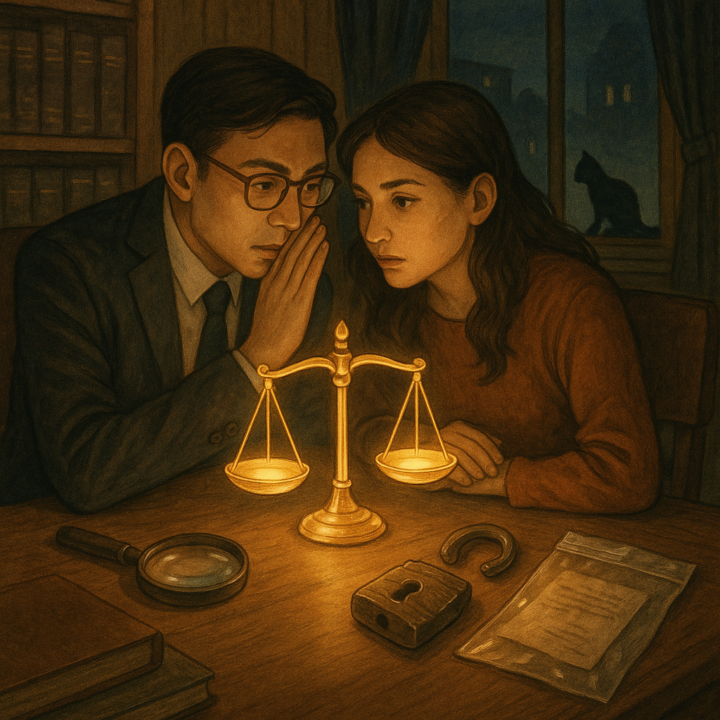 柔光與電影感構圖的木質事務所內，台灣律師與當事人低語商討，桌面漂浮發光的天秤、放大鏡、破損鎖頭與證物袋；窗外夜色與貓影暗示竊盜，高解析手繪質感溫暖奇幻，畫面無文字。