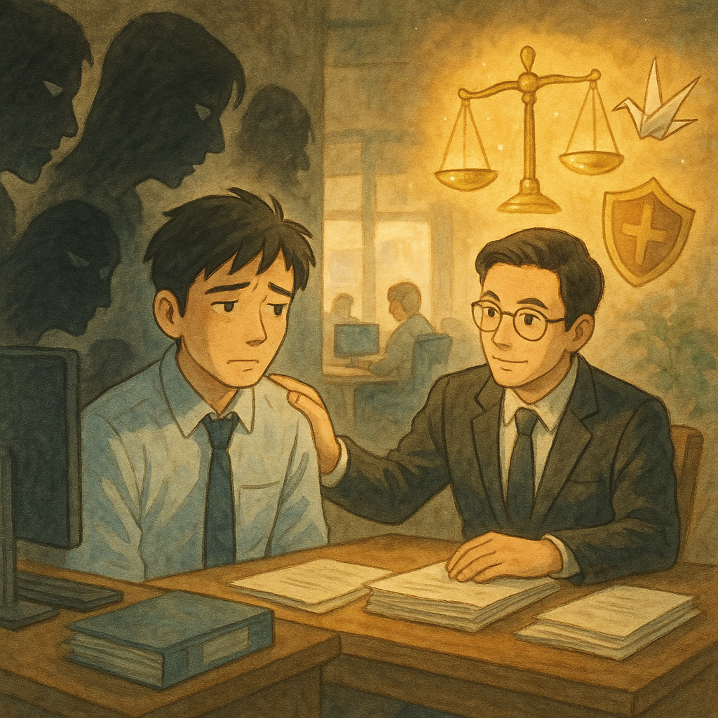 溫柔自然光的吉卜力風格插畫:台灣上班族在開放辦公室被冷漠目光與竊語陰影包圍,神情落寞。另一側,台灣律師於木桌邊安撫,發光的天平、盾牌與紙鶴在空中盤旋,營造魔幻而專業的法律諮詢氛圍,手繪質感、無文字。