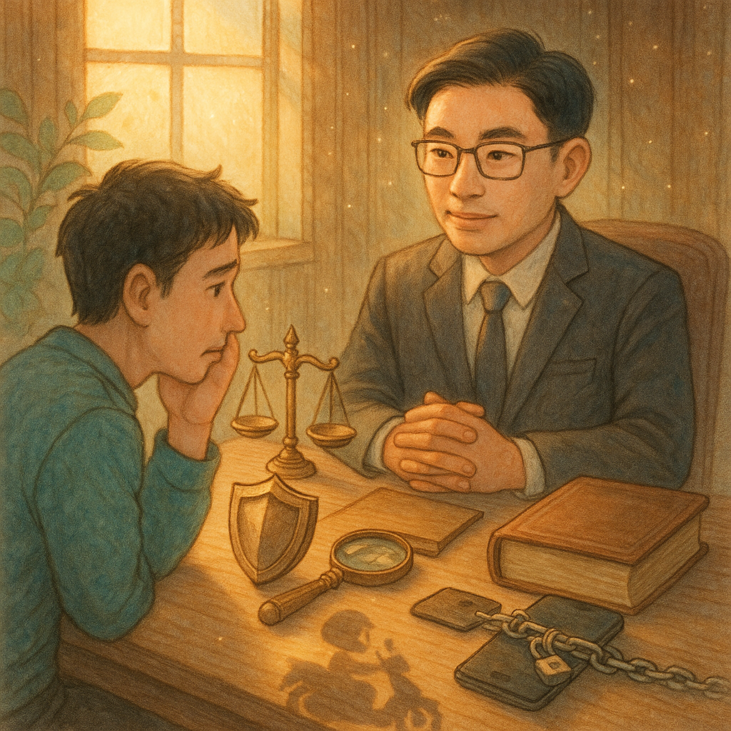 溫柔晨光灑入木質諮詢室,台灣律師與憂心民眾對坐;桌上天秤與盾牌、放大鏡雕飾、無字法典、鎖鏈纏繞的金融卡與手機光影映出安全帽與機車剪影,象徵詐騙車手;柔和手繪質感,魔幻微光與飄塵營造療癒童話氛圍。