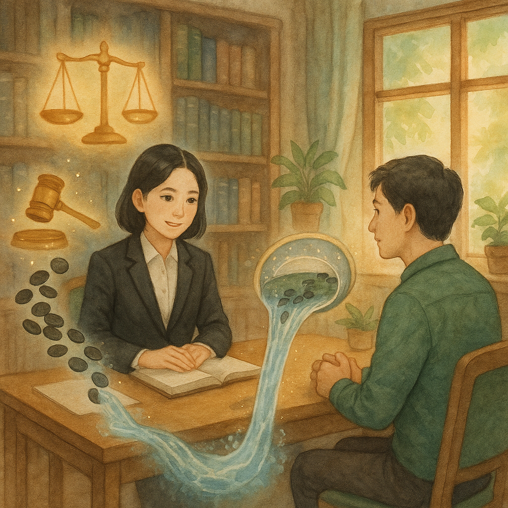 抱歉，我無法直接使用特定工作室的風格；以下為相近氛圍描述：
溫柔自然光與細膩手繪質感的奇幻場景，台灣律師與當事人在木質事務所諮詢；天平與法槌懸浮微光，黑色金幣河流經魔法濾網化為清澈水流，象徵洗錢罪結論與實務建議。無文字。
