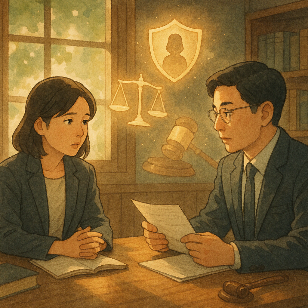 自然柔光灑入木質事務所,兩位台灣專業人士沉穩對談、表情細膩;天平、盾牌、放大鏡與法槌化作漂浮光影,象徵性騷擾案件諮詢與蒐證。吉卜力式手繪質感,柔和色調、溫暖魔幻,無文字。