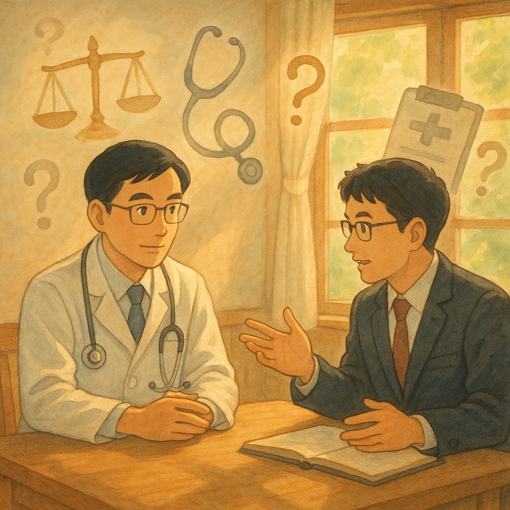 溫暖陽光下的和風諮詢室，台灣醫師與律師在木桌前專注交流；周圍漂浮手繪天平、聽診器、病歷夾與問號光影，象徵醫療糾紛常見問題；柔和色調、自然光、無文字、吉卜力式細膩質感。