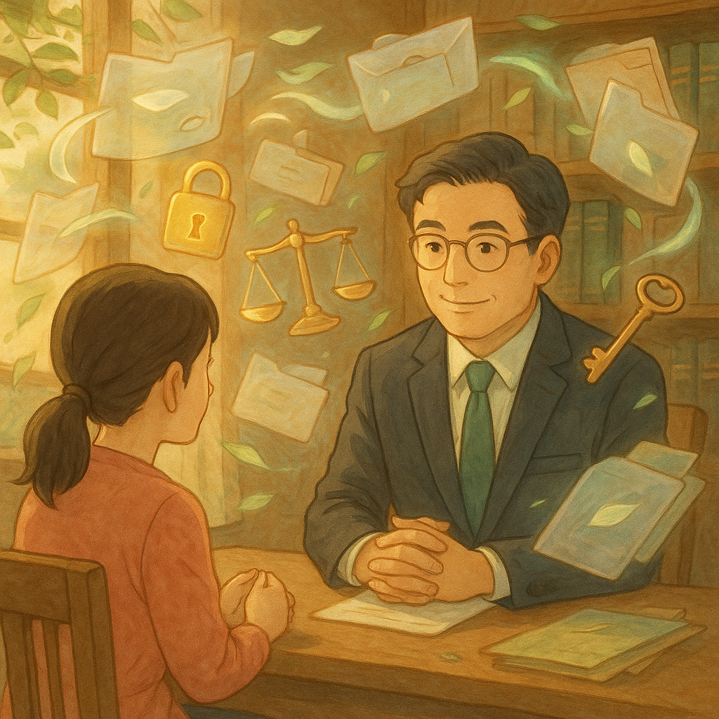 柔和日光下的木質事務所,台灣律師與民眾對坐諮詢,表情專業溫暖。半透明信封與檔案夾化作精靈環繞,發光鎖、天平與鑰匙在空中漂浮,暗示洩密風險與保護。手繪質感、微風拂動綠葉,夢幻沉浸的吉卜力風,無任何文字。