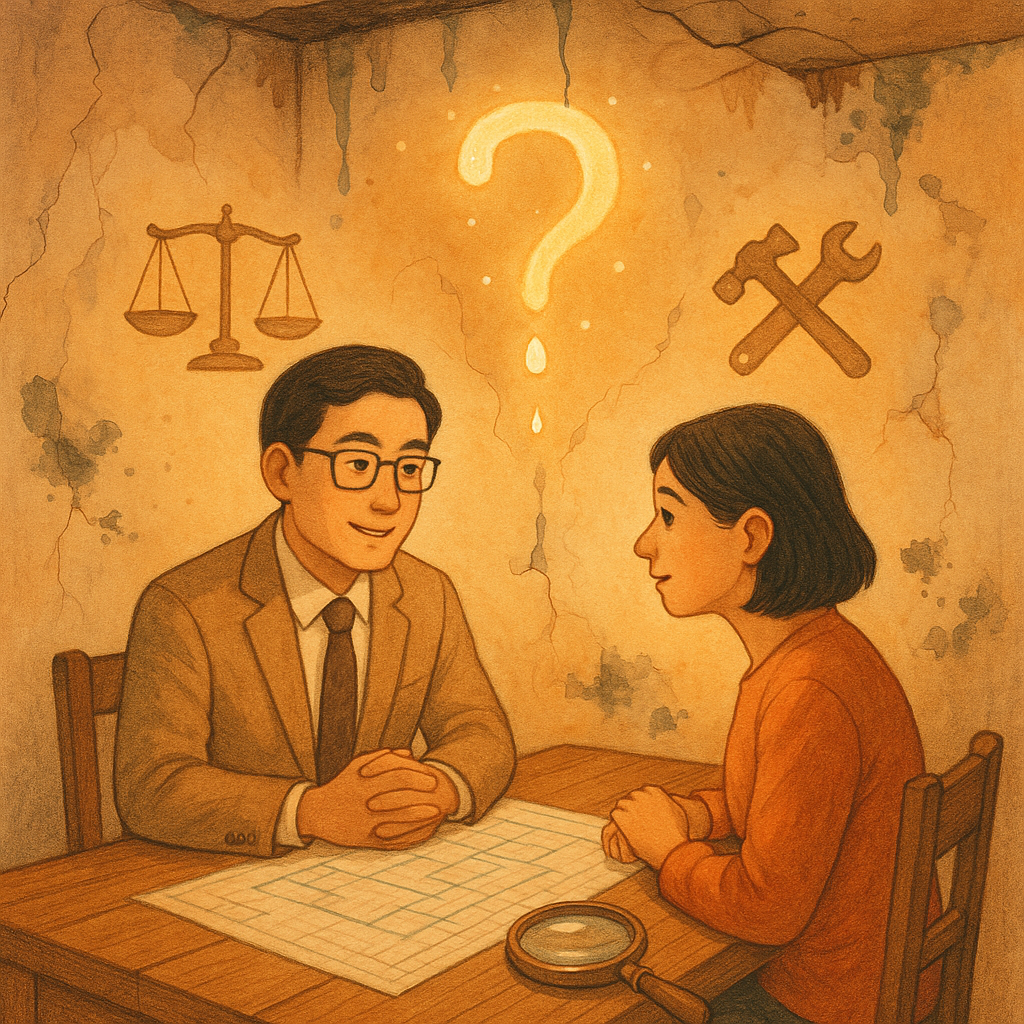 抱歉,我無法直接仿照特定工作室的風格;以下提供相近的溫暖奇幻、手繪質感描述:
暖色夕光下,台灣律師與屋主在木桌前咨詢,桌上藍圖與放大鏡。牆面現裂縫、滲水與黴斑,屋頂滴水化作柔和問號光點,秤盤與工具圖像漂浮環繞,手繪質感、無字、溫馨奇幻。