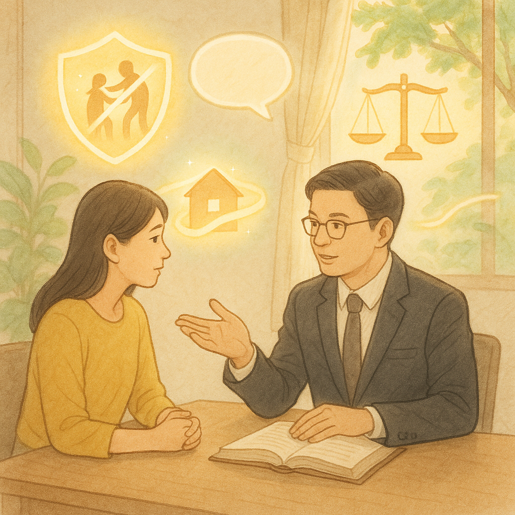 溫暖自然光中的法律諮詢室裡,台灣女性與台灣律師專注交談;手繪質感與柔色映襯下,象徵家暴防護的發光盾牌、天平、擁抱著小屋的光帶與無字對話泡泡漂浮其間;窗外綠意與微風流動,細膩表情傳遞安心、專業與希望。