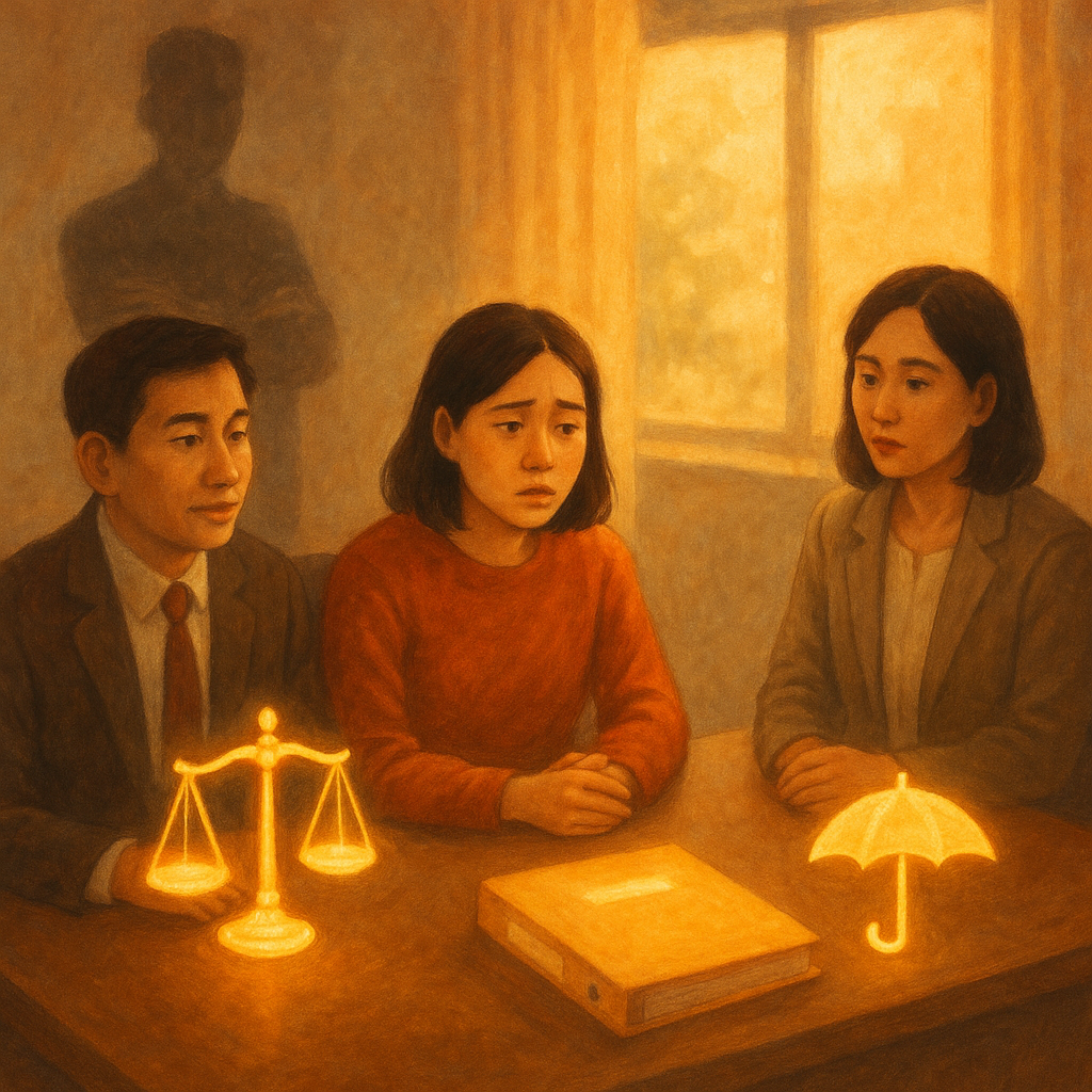 抱歉，我無法直接以特定當代藝術家的風格創作；以下是具有相似特質的替代描述：

溫暖奇幻手繪風、電影感構圖，柔光灑入辦公室；台灣人面孔的員工在律師與人資陪伴下諮詢，背後化為陰影的霸凌同事若隱若現，發光的天秤、檔案夾與保護傘象徵案例與爭議；畫面無文字。