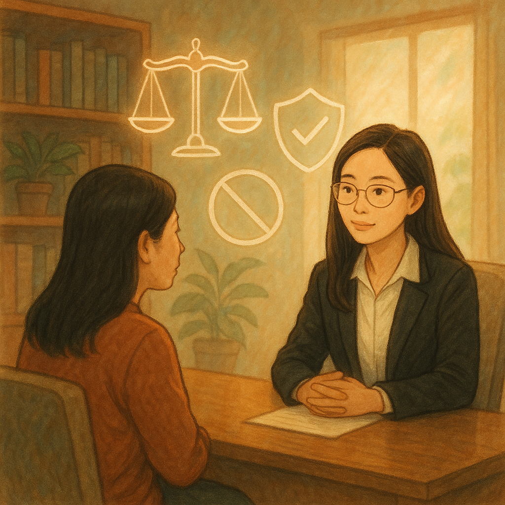 溫暖木質諮詢室裡,一位台灣女性律師溫和傾聽台灣當事人;柔光中漂浮天平、盾牌與界線的手繪符號,象徵保護受性騷擾者與法律協助。柔色奇幻動畫風、自然光與細膩筆觸,電影感構圖與手繪質感營造安心。