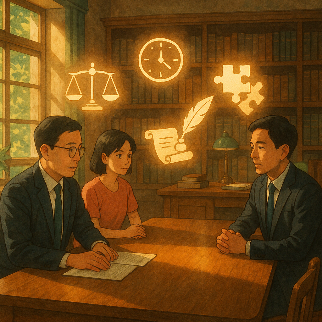 吉卜力風日系奇幻氛圍的律所中,兩位台灣律師與當事人圍桌協商,柔光灑落。桌上漂浮手繪圖示:天秤、時鐘、拼圖、羽毛筆與卷軸、握手光影,象徵認罪協商選項;溫暖自然色調、電影感光影、無文字。