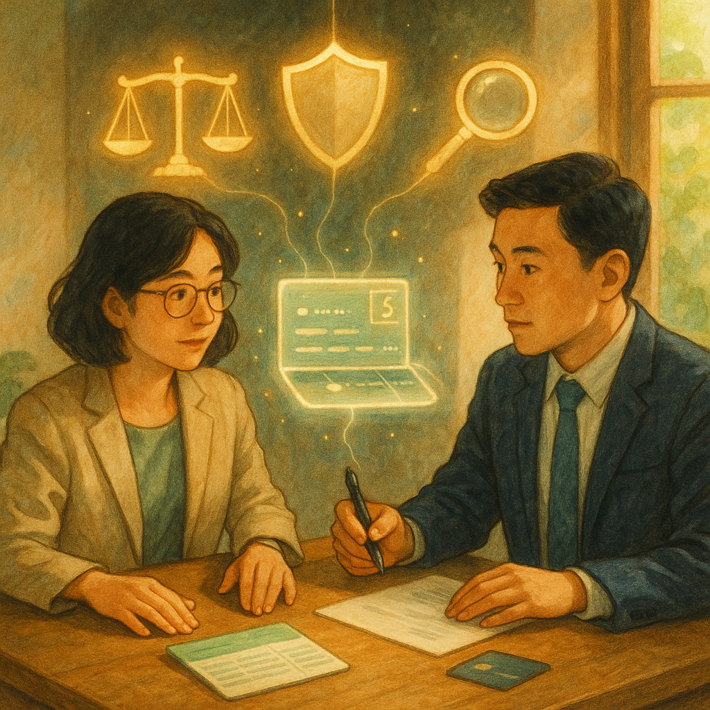 柔和自然光下,兩位台灣專業人士在木桌前諮詢;存摺與卡片上方漂浮天秤、盾牌、放大鏡與細絲相連的幽光帳戶,象徵借賬戶爭點與風險控管;電影感、手繪質感、溫暖奇幻、吉卜力感、無文字。